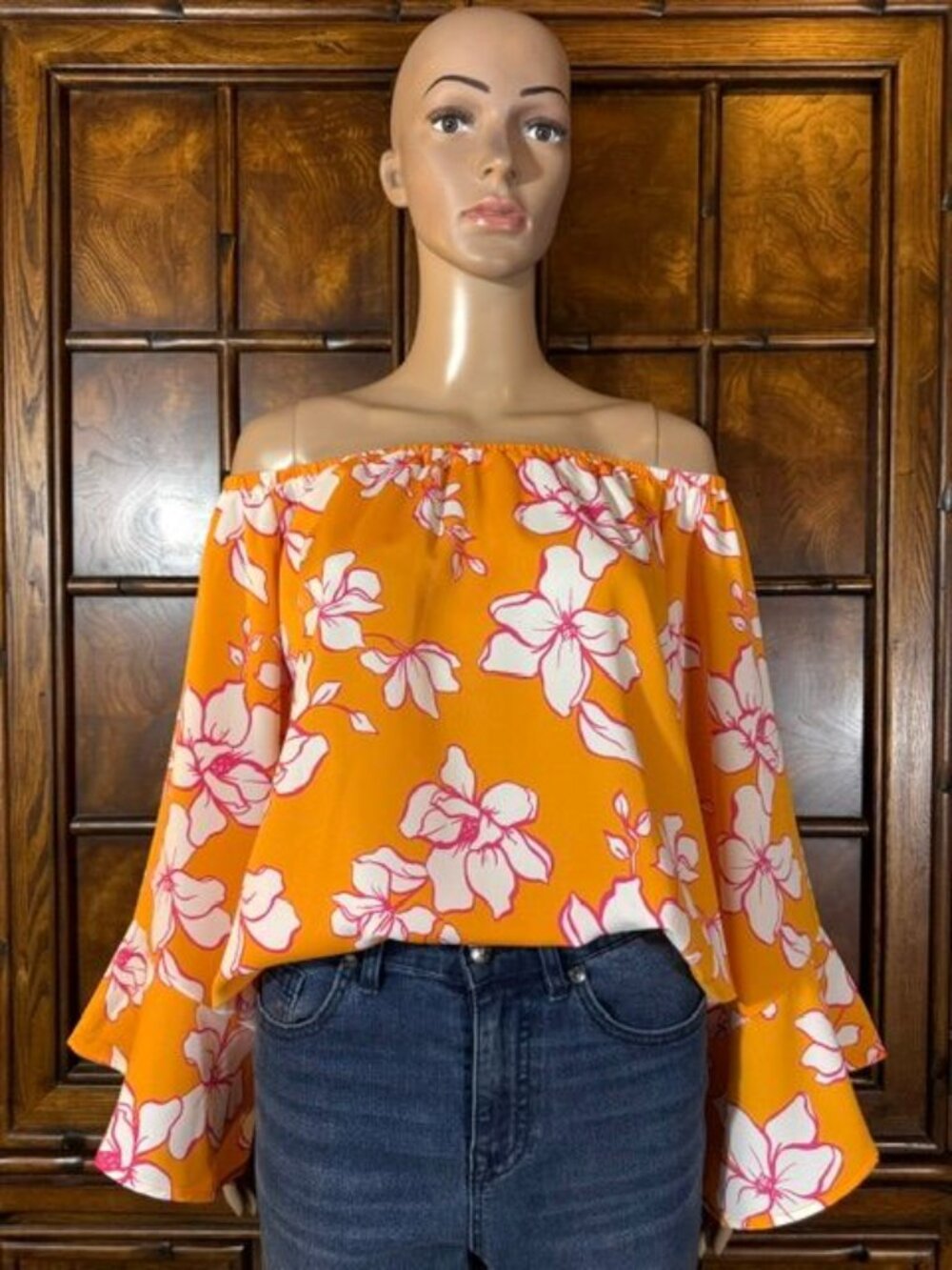 Colleen Lopez On/ Off Shoulder Wide Flutter Sleeve Tangerine Tropical Floral Top